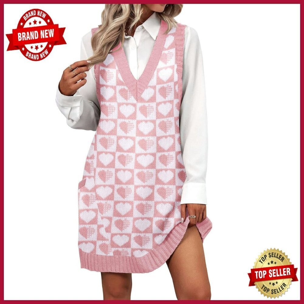 Soft Acrylic V-Neck Sweater Vest Dress with Pockets, Loose Fit